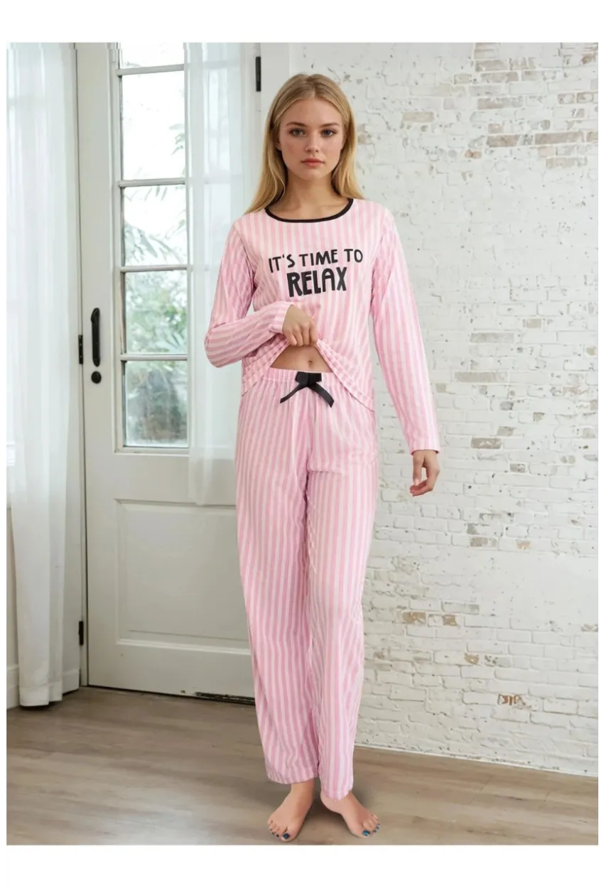 Çizgili Pembe Time To Relax Baskılı Pijama Takımı
