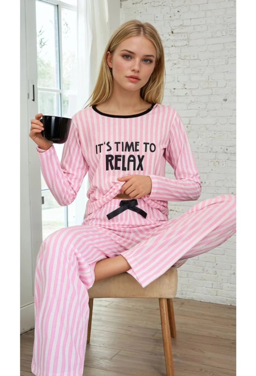 Çizgili Pembe Time To Relax Baskılı Pijama Takımı