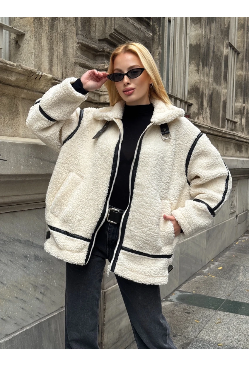 Deri Biyeli Fermuarlı Peluş Mont