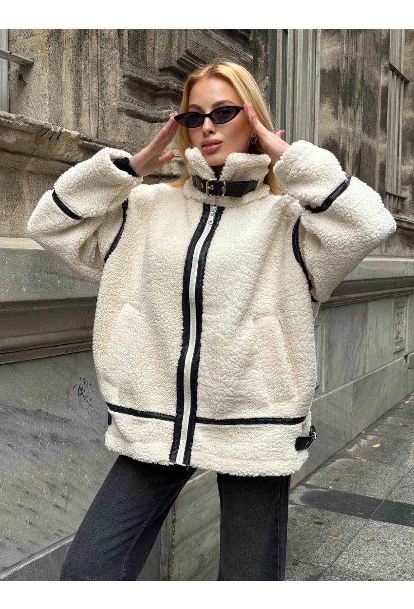 Deri Biyeli Fermuarlı Peluş Mont