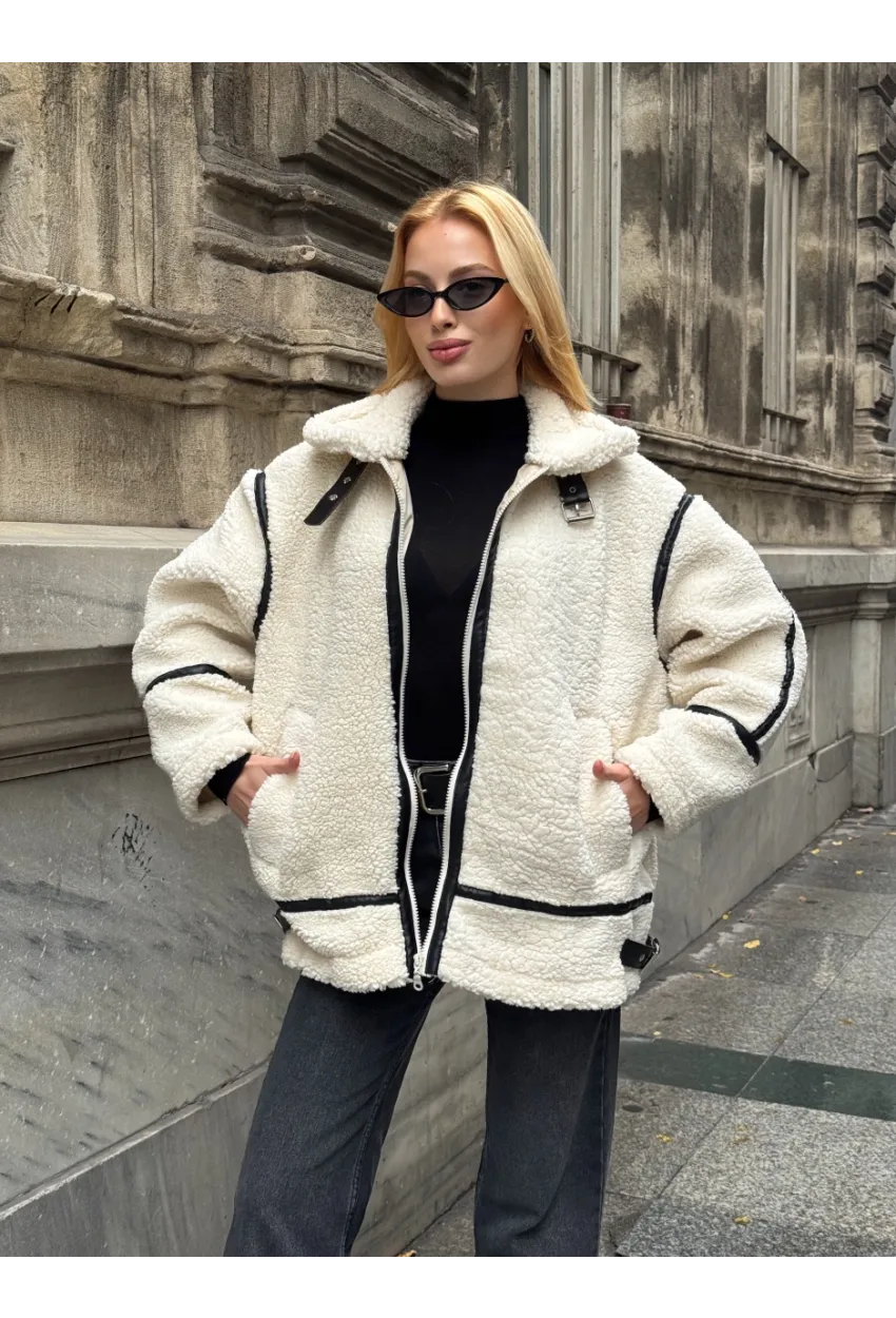 Deri Biyeli Fermuarlı Peluş Mont