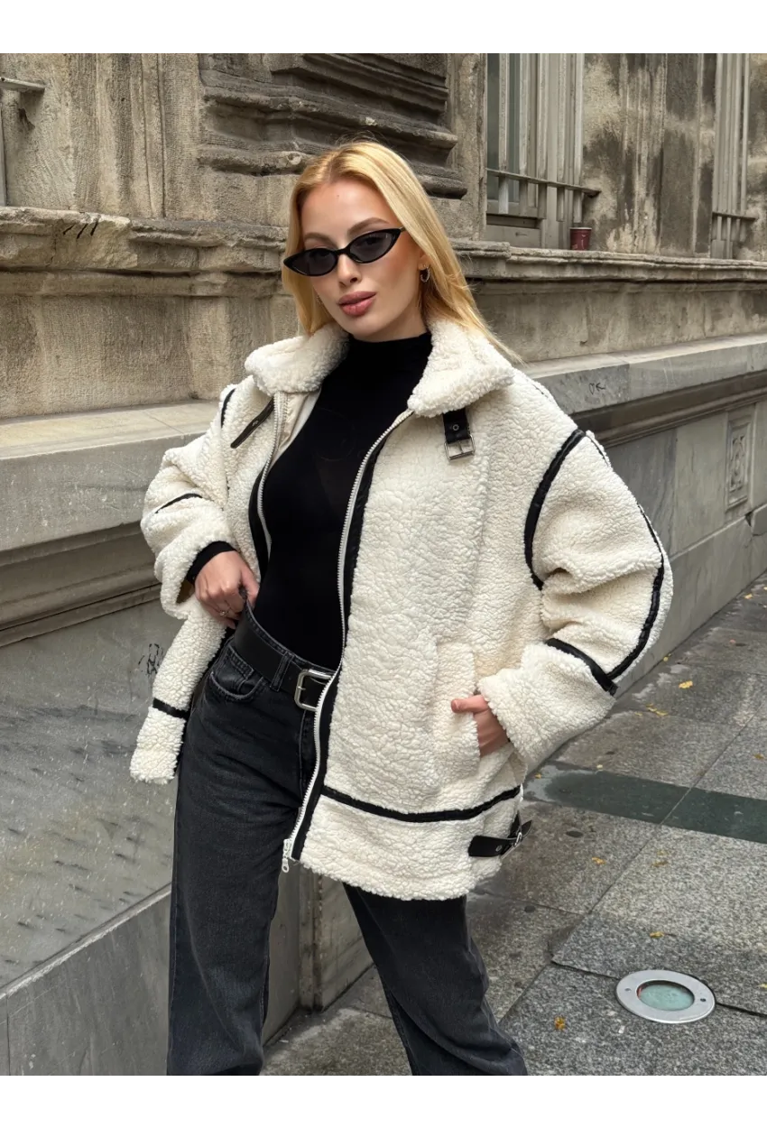 Deri Biyeli Fermuarlı Peluş Mont