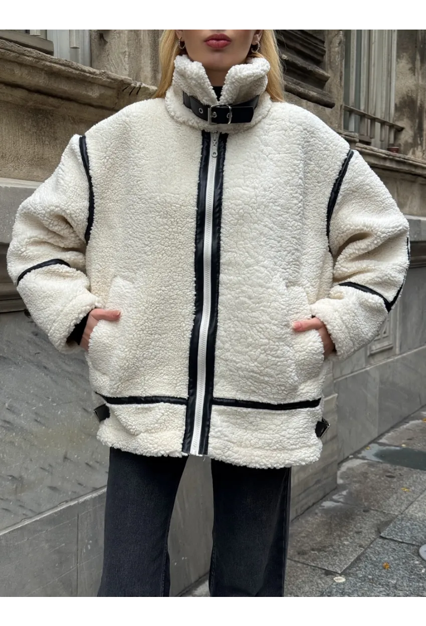 Deri Biyeli Fermuarlı Peluş Mont