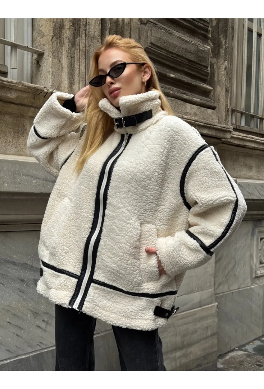 Deri Biyeli Fermuarlı Peluş Mont