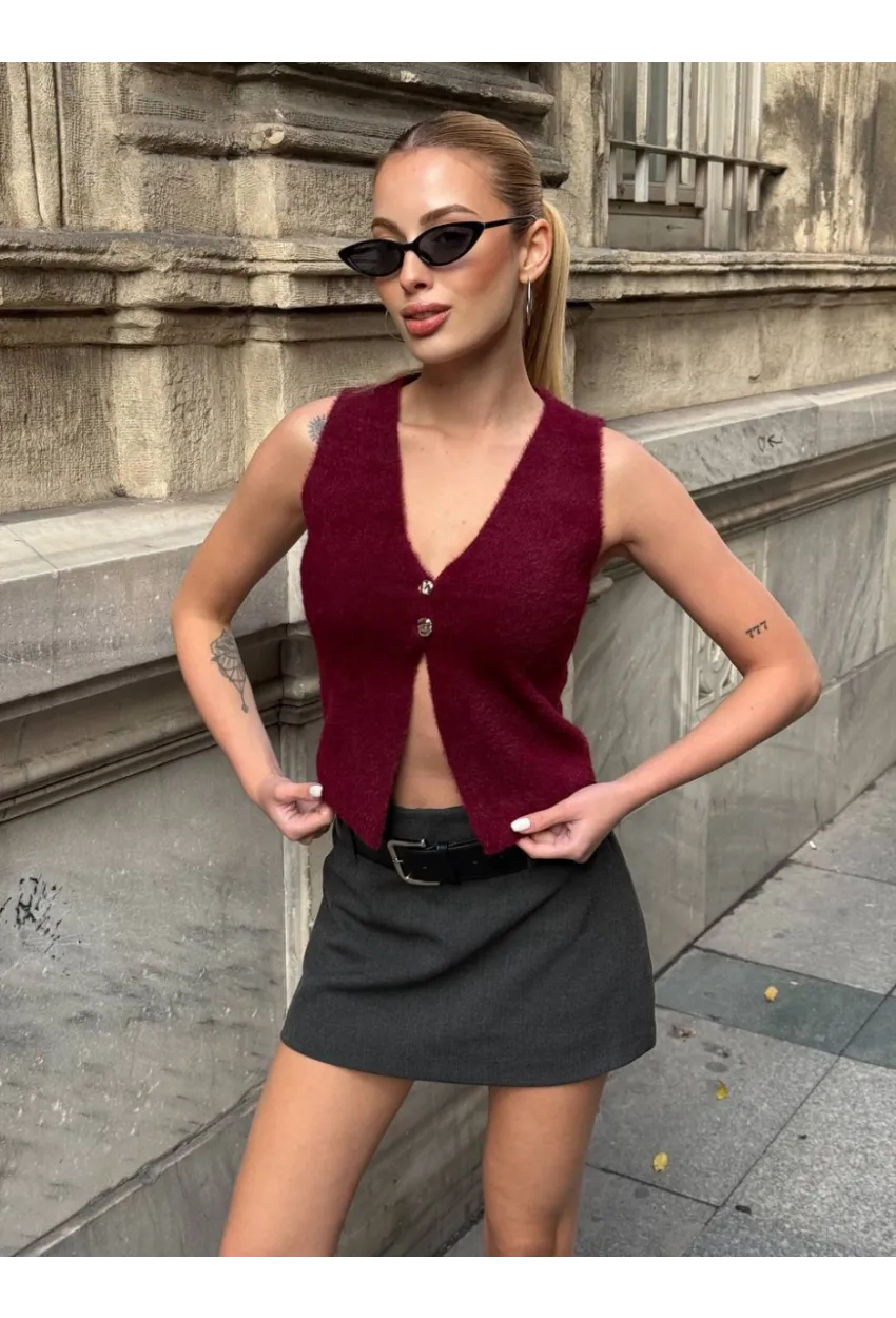 Düğmeli Yelek Model Crop Bluz Bordo
