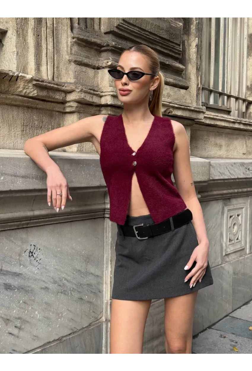 Düğmeli Yelek Model Crop Bluz Bordo