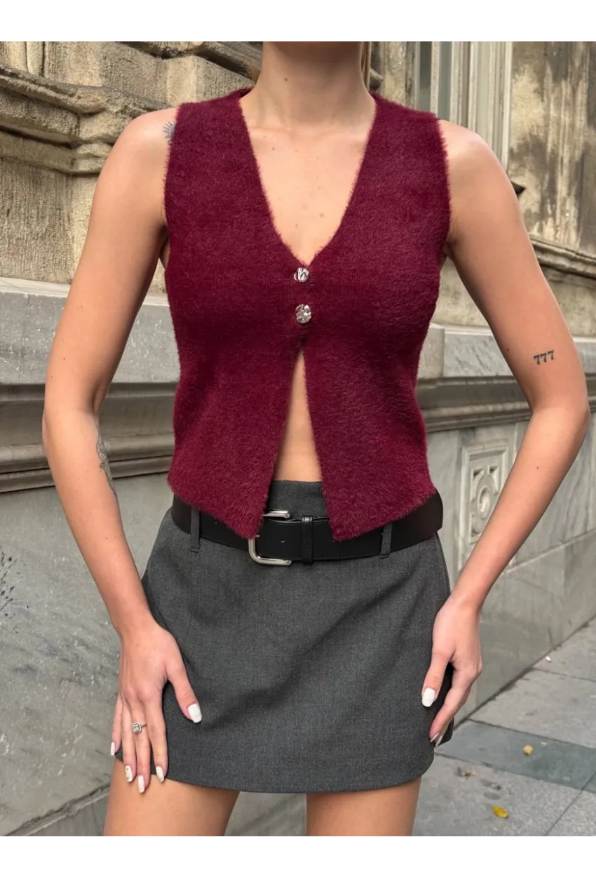 Düğmeli Yelek Model Crop Bluz Bordo