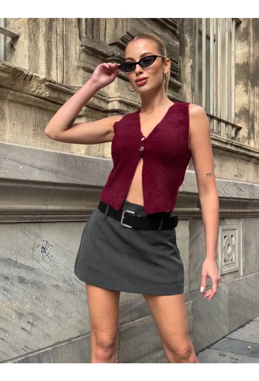 Düğmeli Yelek Model Crop Bluz Bordo
