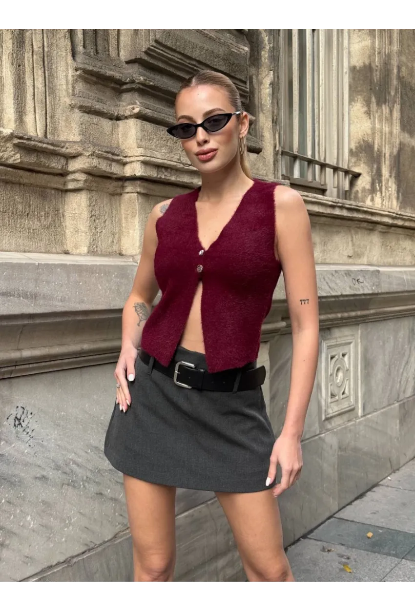 Düğmeli Yelek Model Crop Bluz Bordo