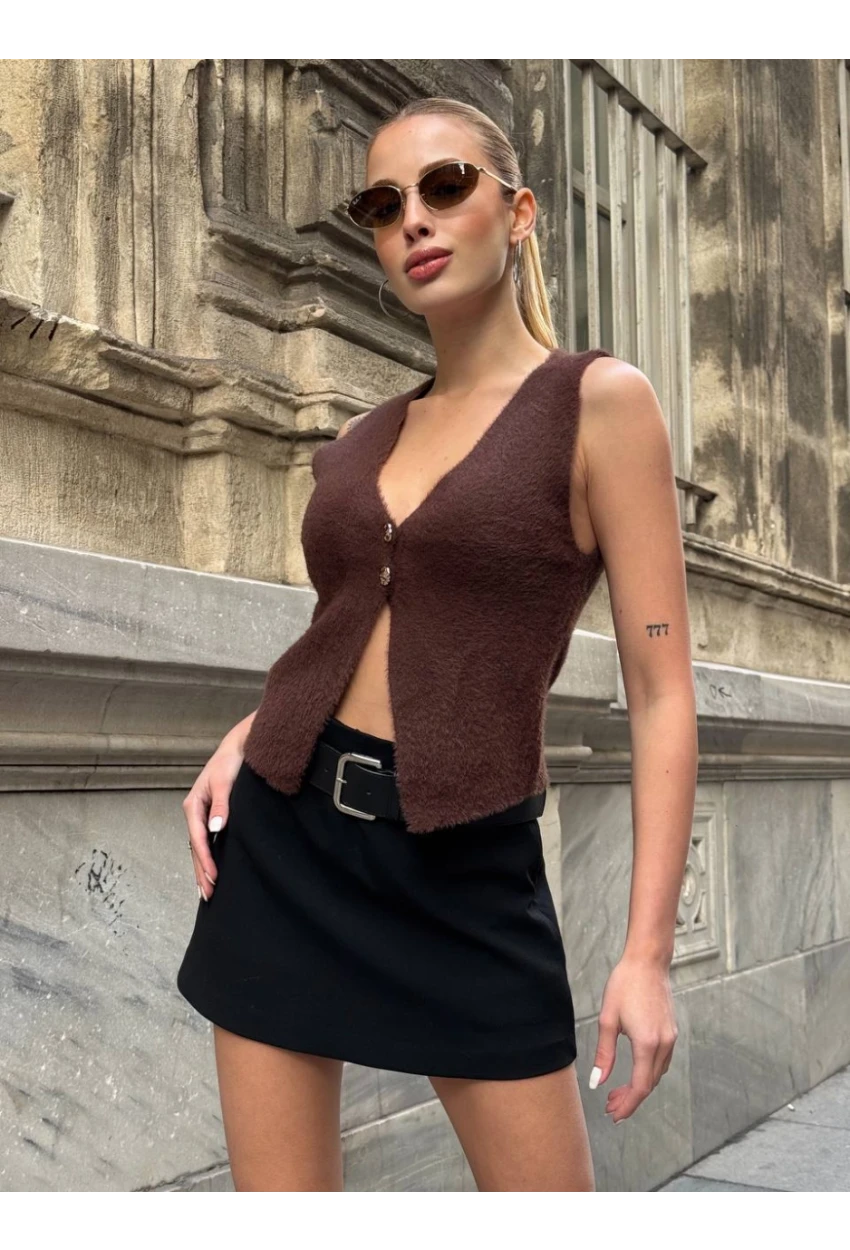Düğmeli Yelek Model Crop Bluz Kahverengi