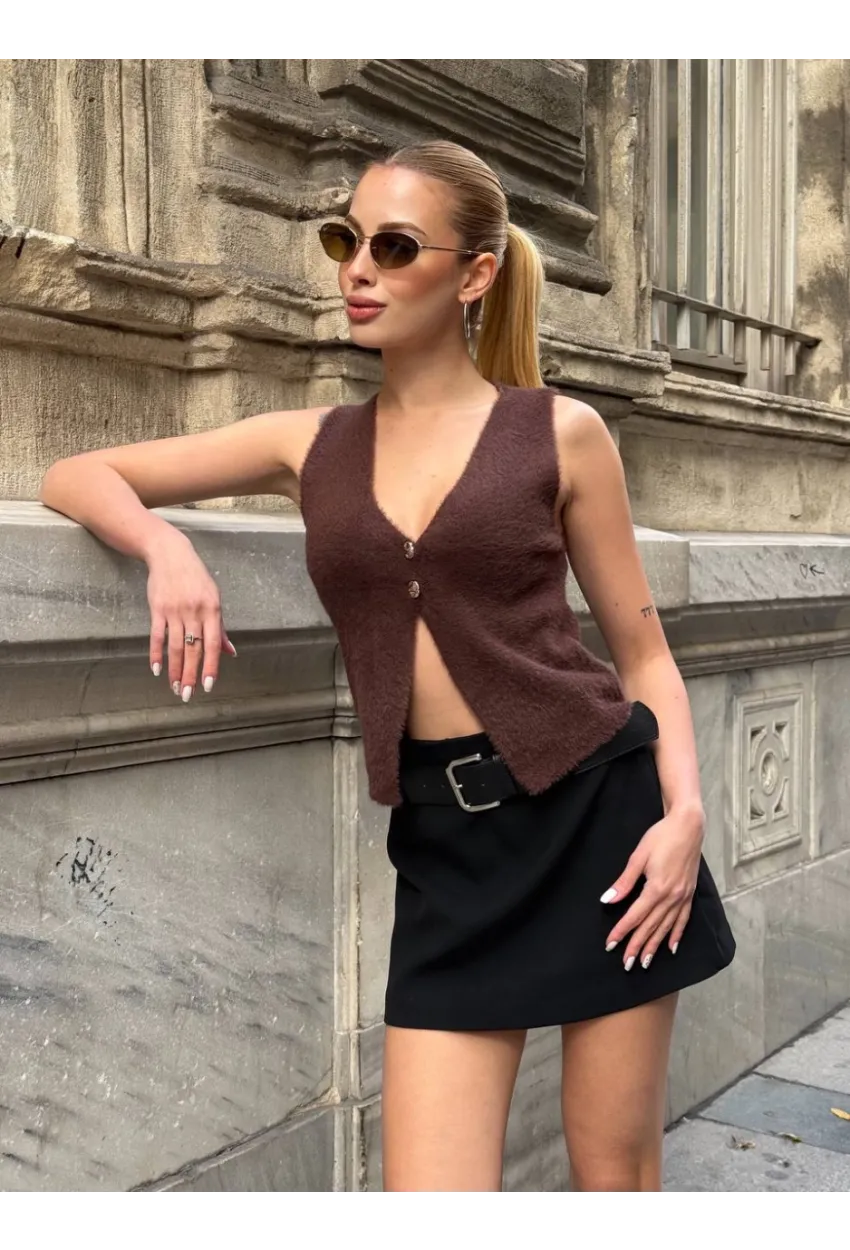 Düğmeli Yelek Model Crop Bluz Kahverengi