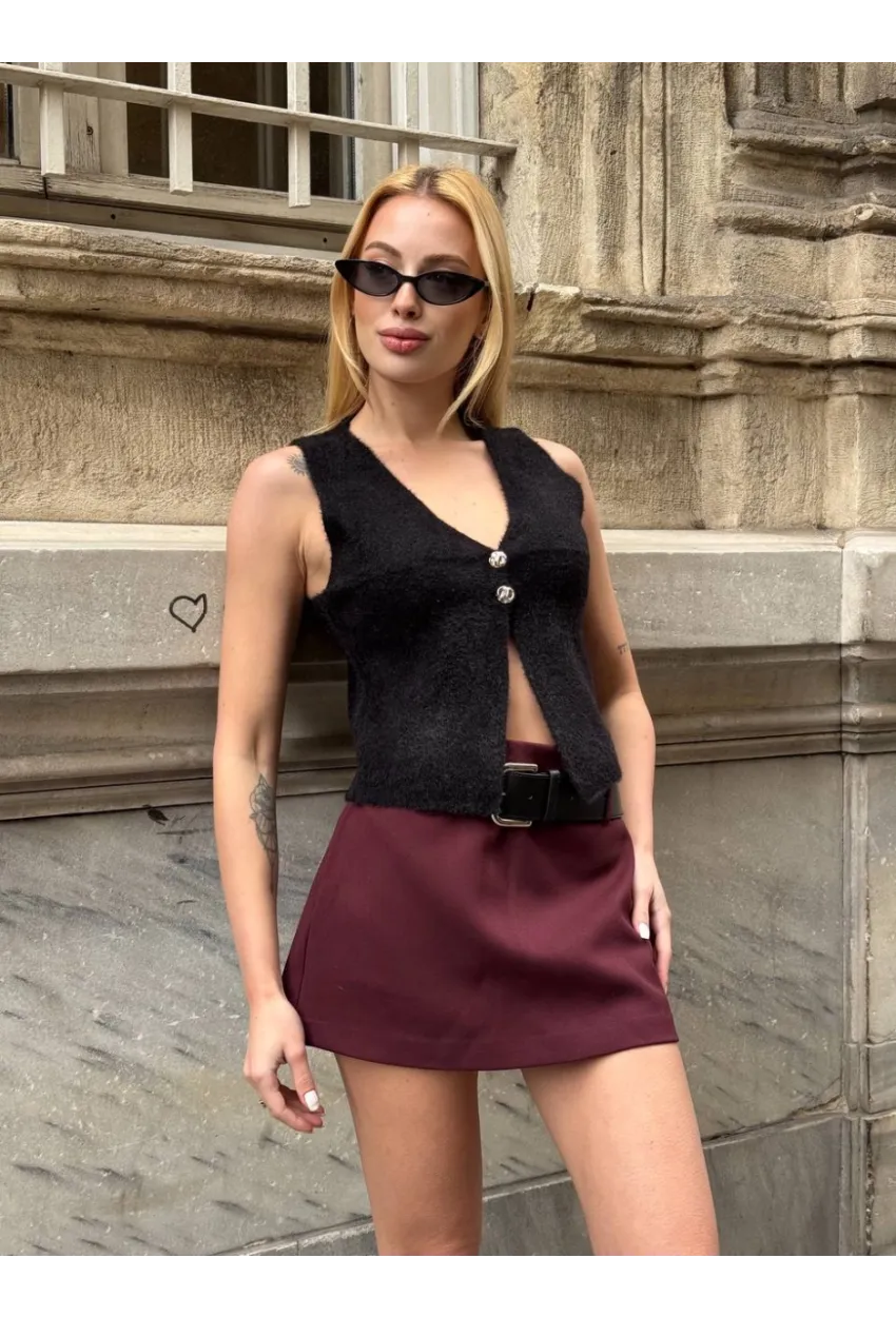 Düğmeli Yelek Model Crop Bluz Siyah