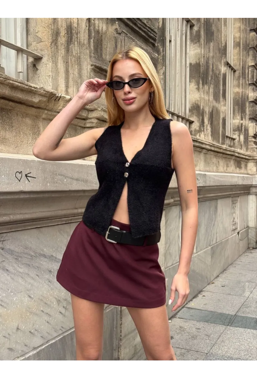 Düğmeli Yelek Model Crop Bluz Siyah