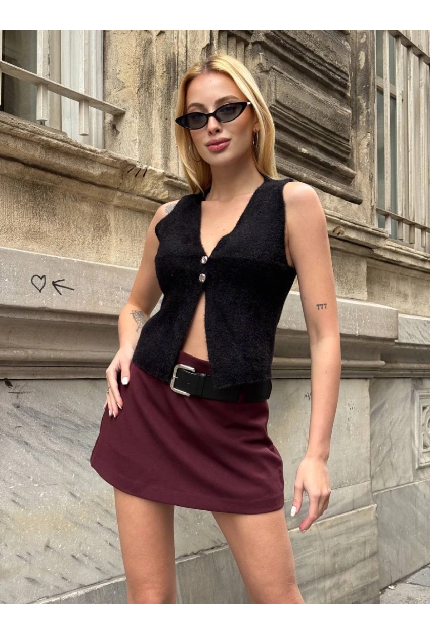 Düğmeli Yelek Model Crop Bluz Siyah