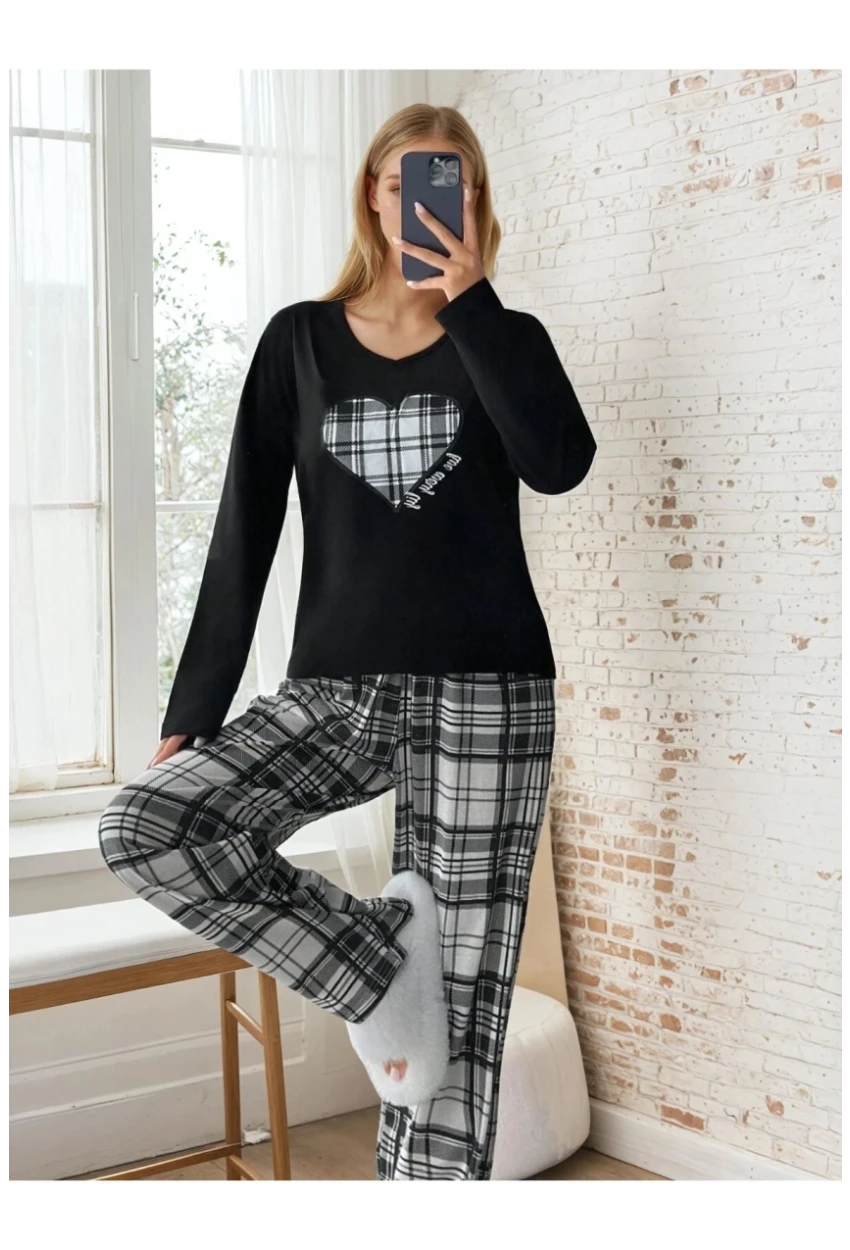 Ekose Desen Alt Kalp Baskılı Pijama Takımı