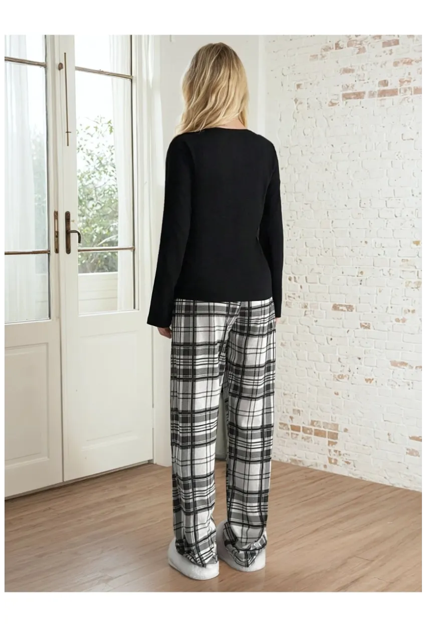 Ekose Desen Alt Kalp Baskılı Pijama Takımı