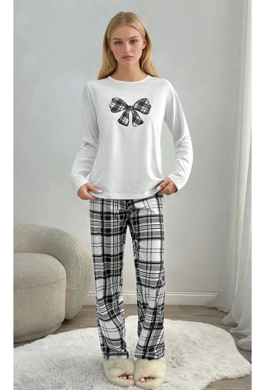 Ekose Desenli Kurdele Baskılı Pijama Takımı