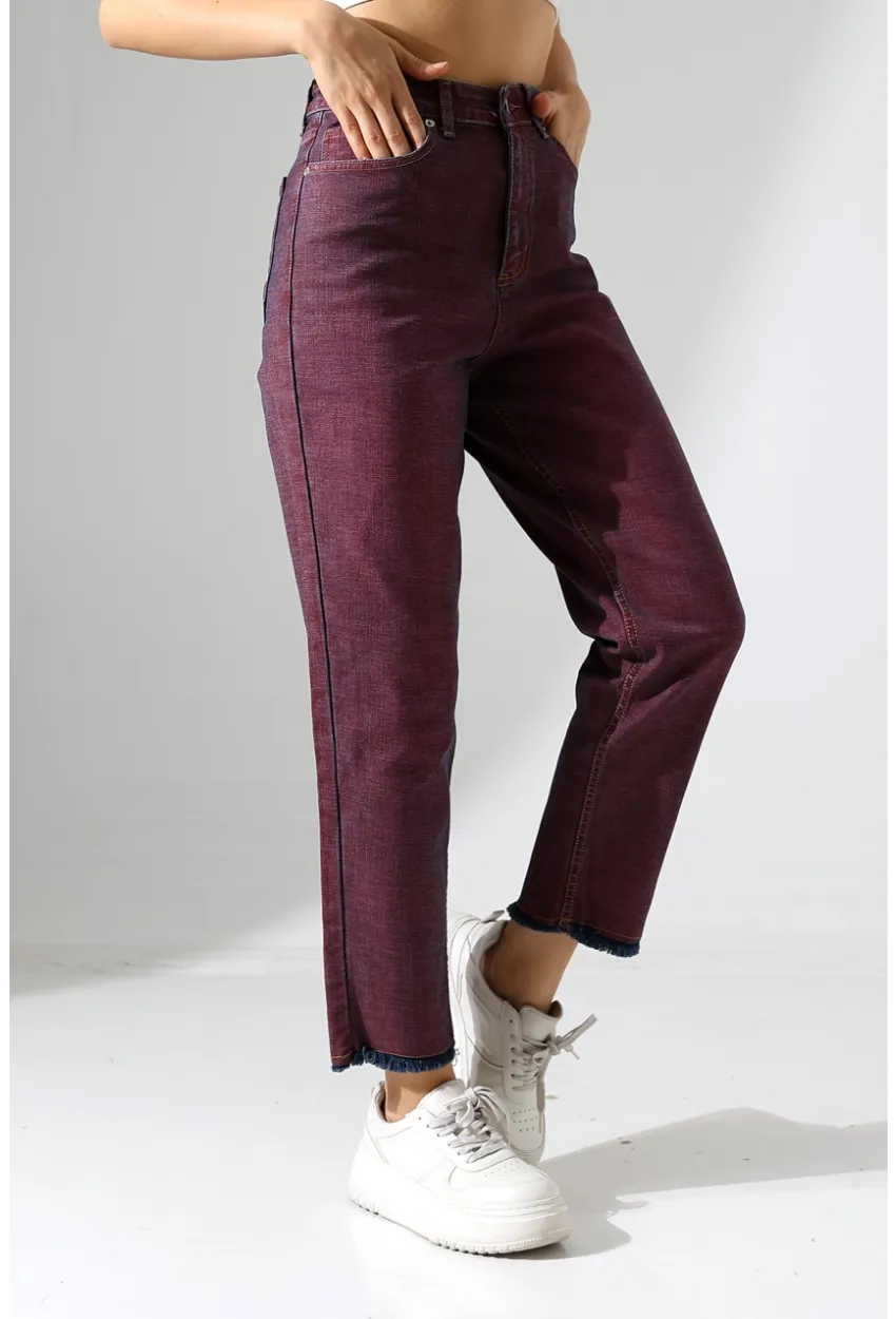 Eski Efektli Şık Bordo Mom Fit Jean