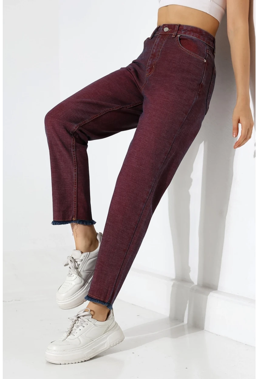 Eski Efektli Şık Bordo Mom Fit Jean