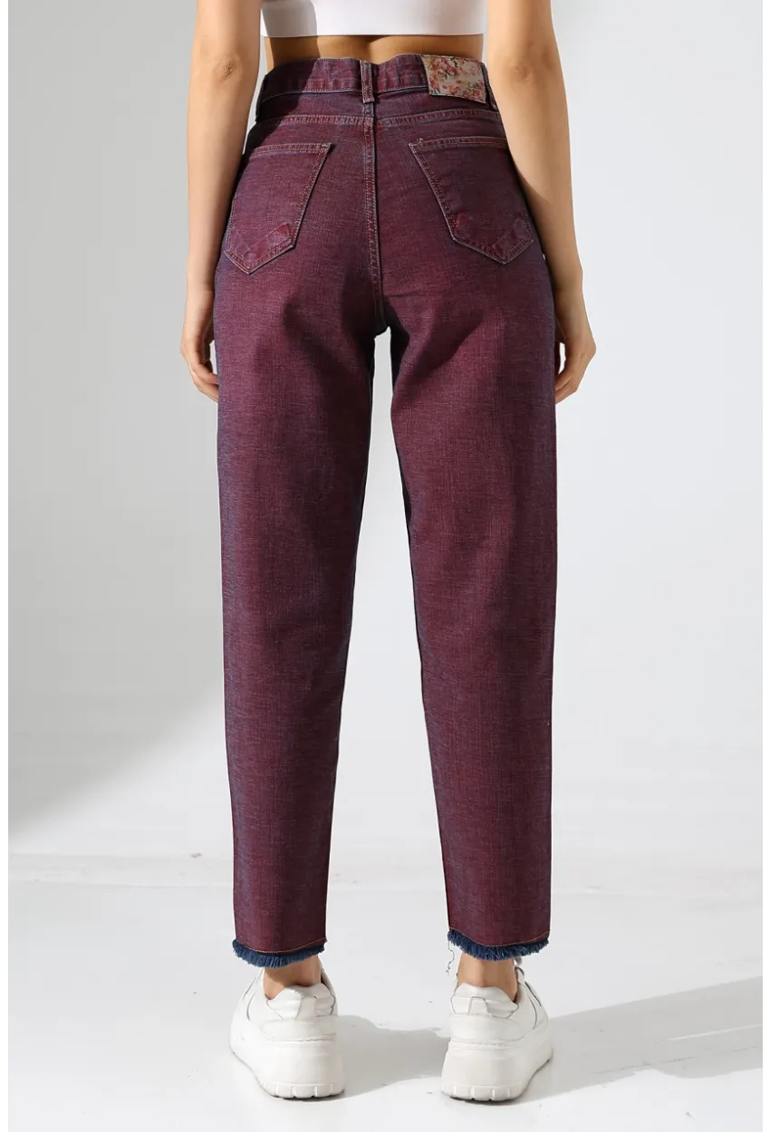 Eski Efektli Şık Bordo Mom Fit Jean