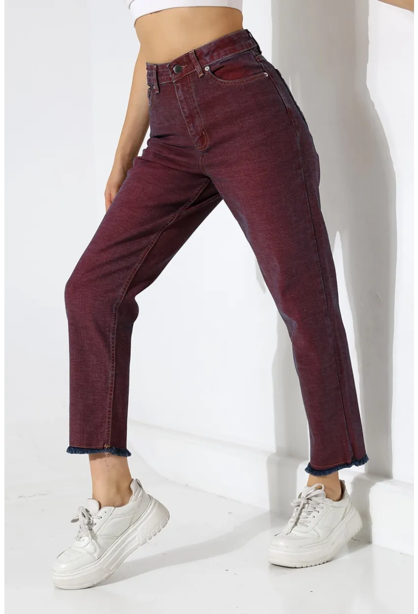 Eski Efektli Şık Bordo Mom Fit Jean