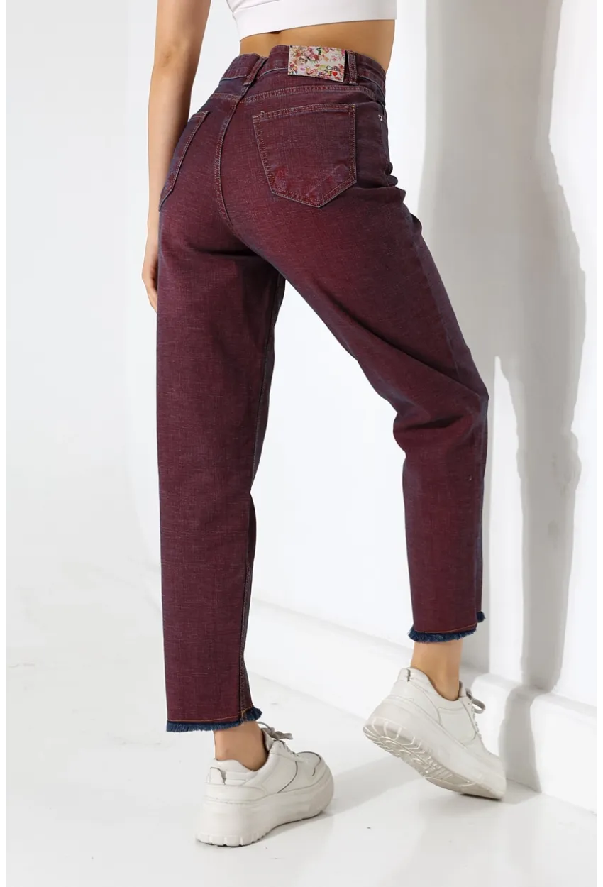 Eski Efektli Şık Bordo Mom Fit Jean