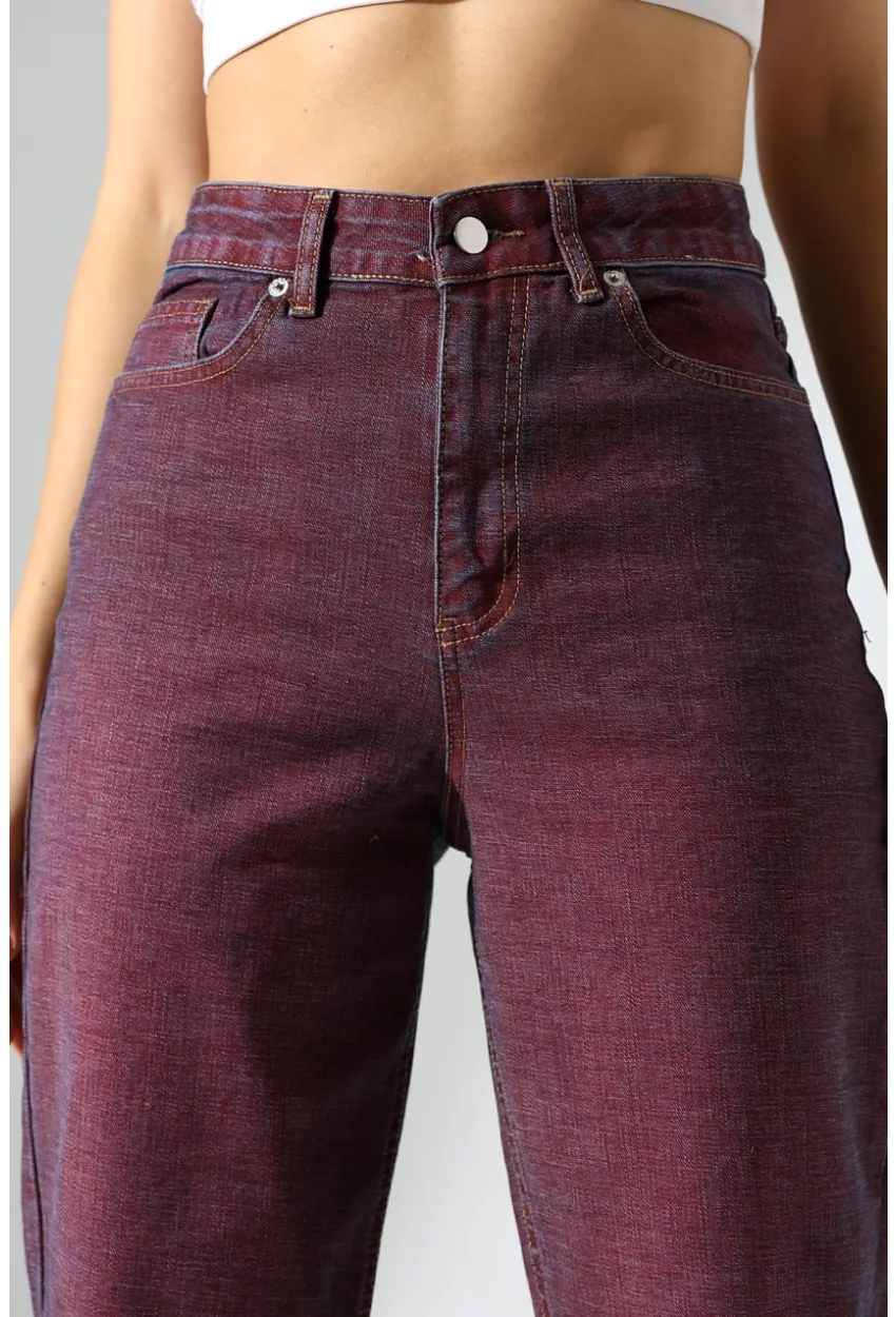 Eski Efektli Şık Bordo Mom Fit Jean