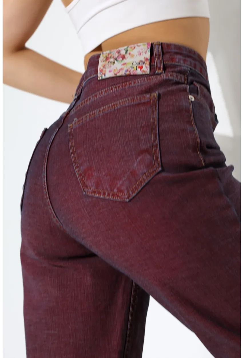 Eski Efektli Şık Bordo Mom Fit Jean