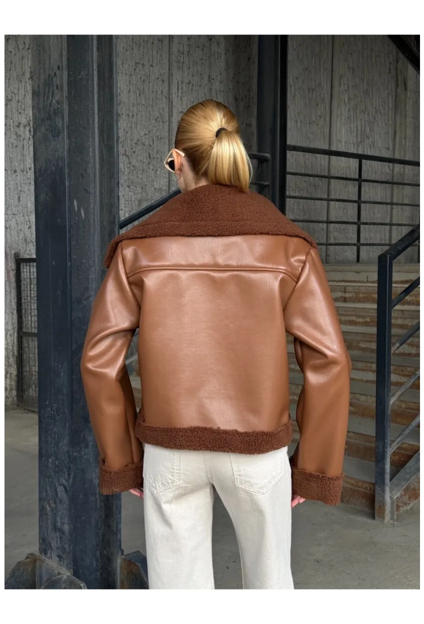 Fermuar Detaylı İçi Kürklü Suni Deri Mont Kahverengi