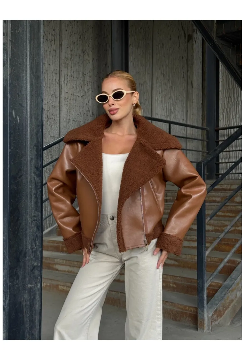 Fermuar Detaylı İçi Kürklü Suni Deri Mont Kahverengi