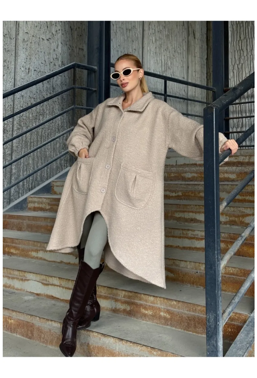 Geniş Çift Cepli Kalın Buklet Kumaş Mevsimlik Mont Bej