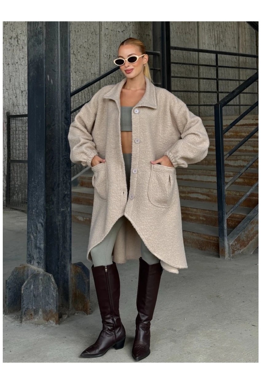 Geniş Çift Cepli Kalın Buklet Kumaş Mevsimlik Mont Bej