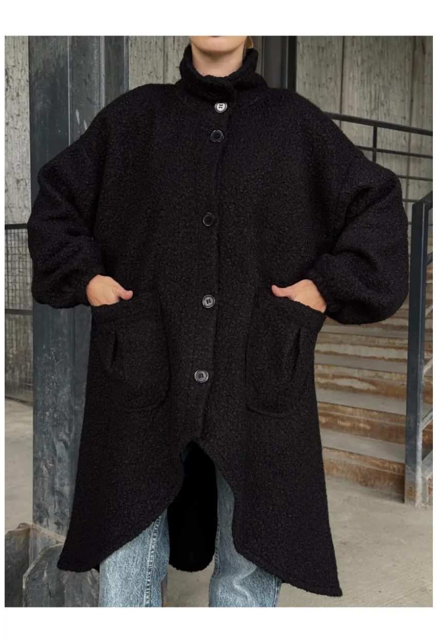 Geniş Çift Cepli Kalın Buklet Kumaş Mevsimlik Mont Siyah