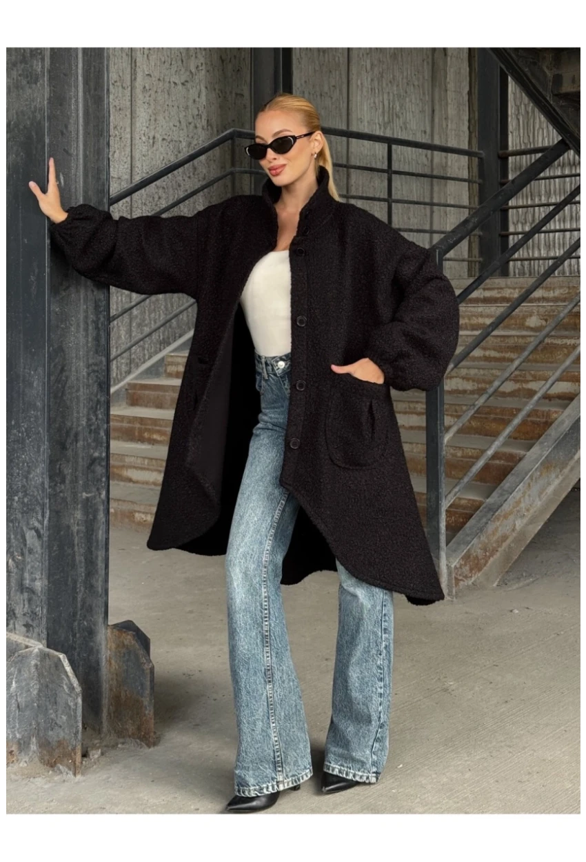 Geniş Çift Cepli Kalın Buklet Kumaş Mevsimlik Mont Siyah