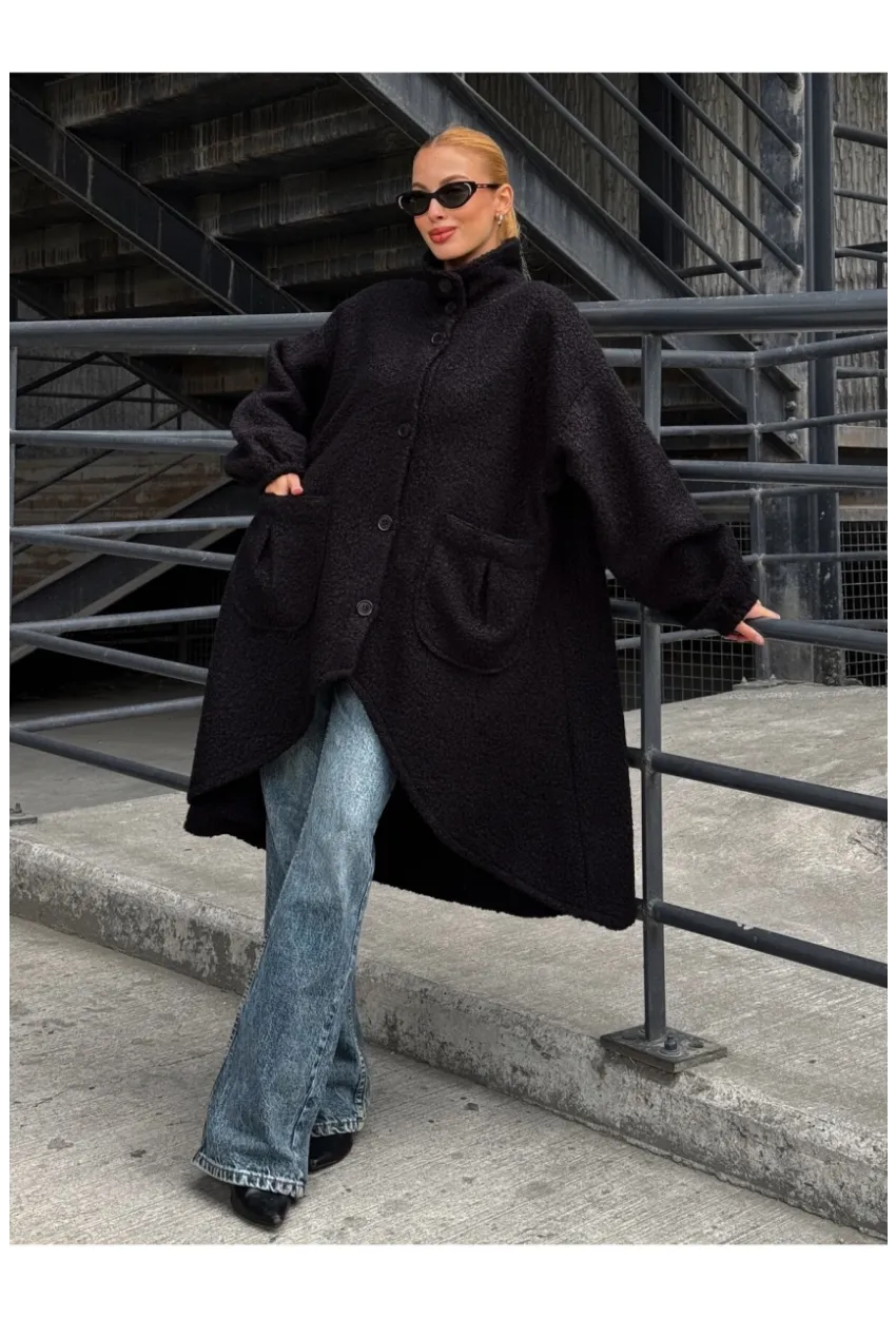 Geniş Çift Cepli Kalın Buklet Kumaş Mevsimlik Mont Siyah