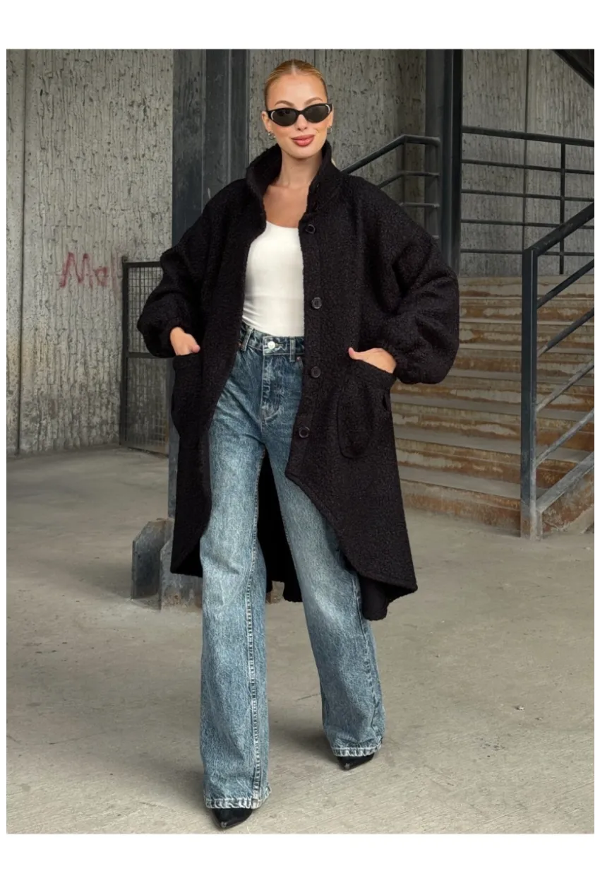 Geniş Çift Cepli Kalın Buklet Kumaş Mevsimlik Mont Siyah