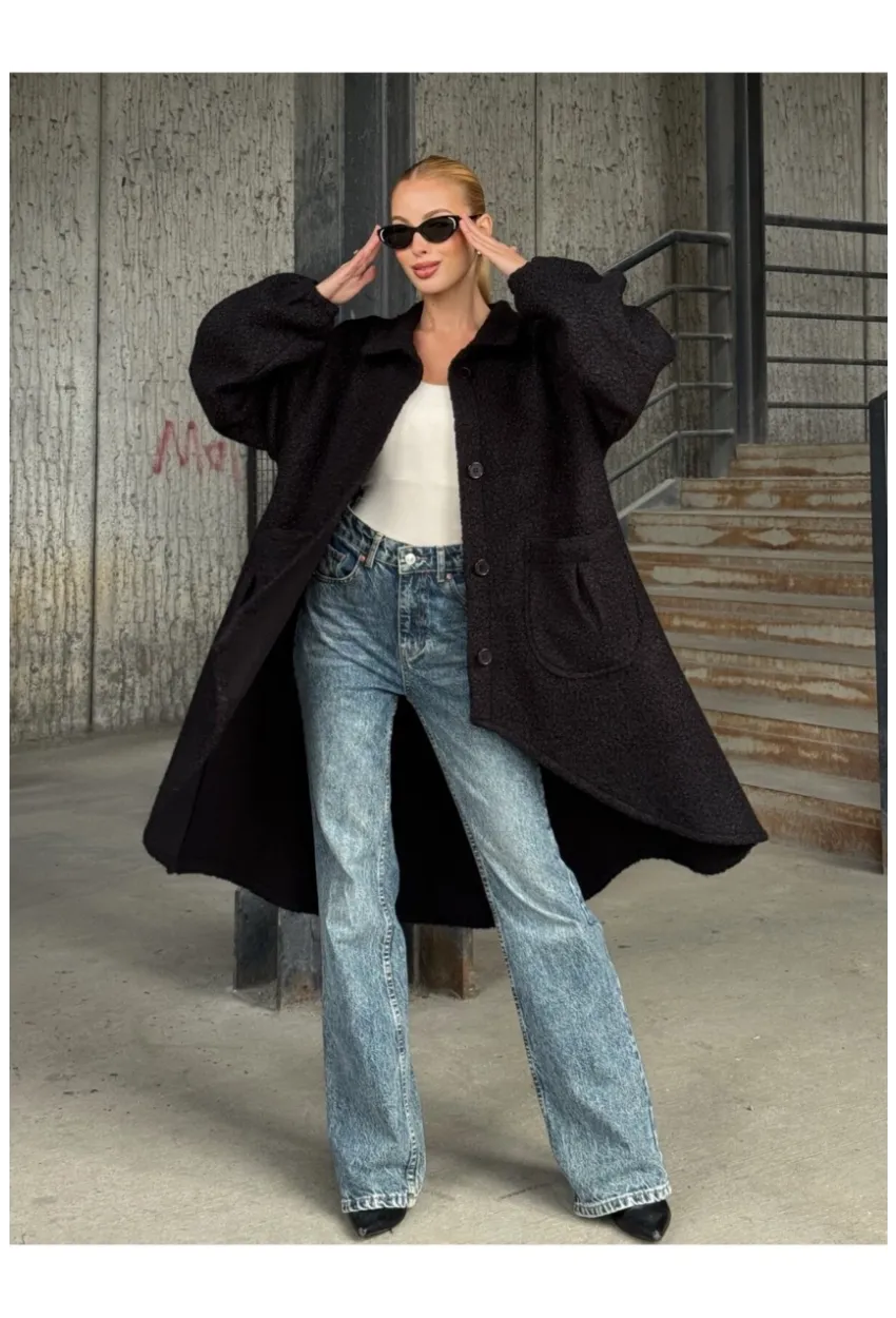 Geniş Çift Cepli Kalın Buklet Kumaş Mevsimlik Mont Siyah