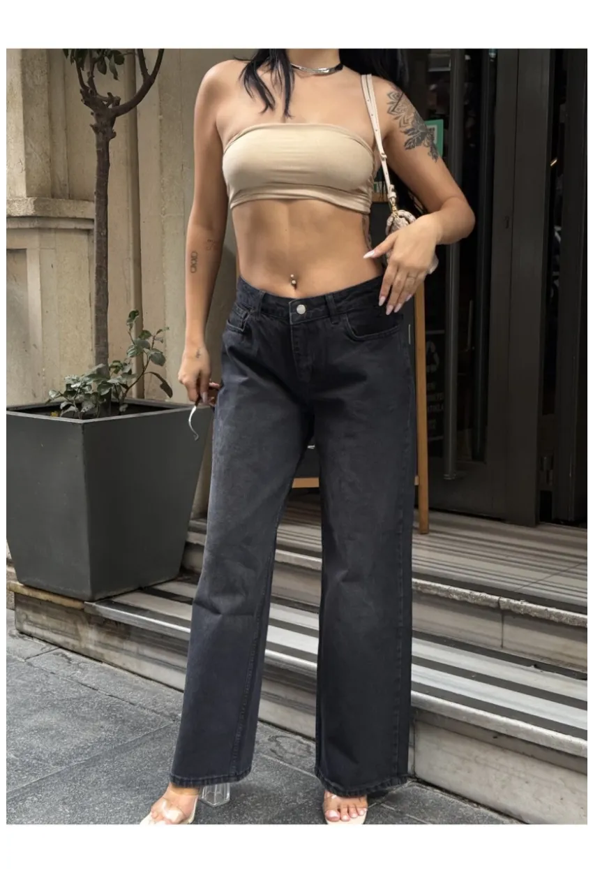 Geniş Paça Yüksek Bel Siyah Jean