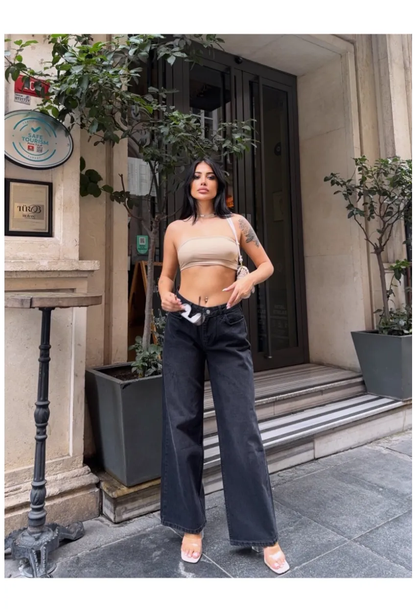 Geniş Paça Yüksek Bel Siyah Jean