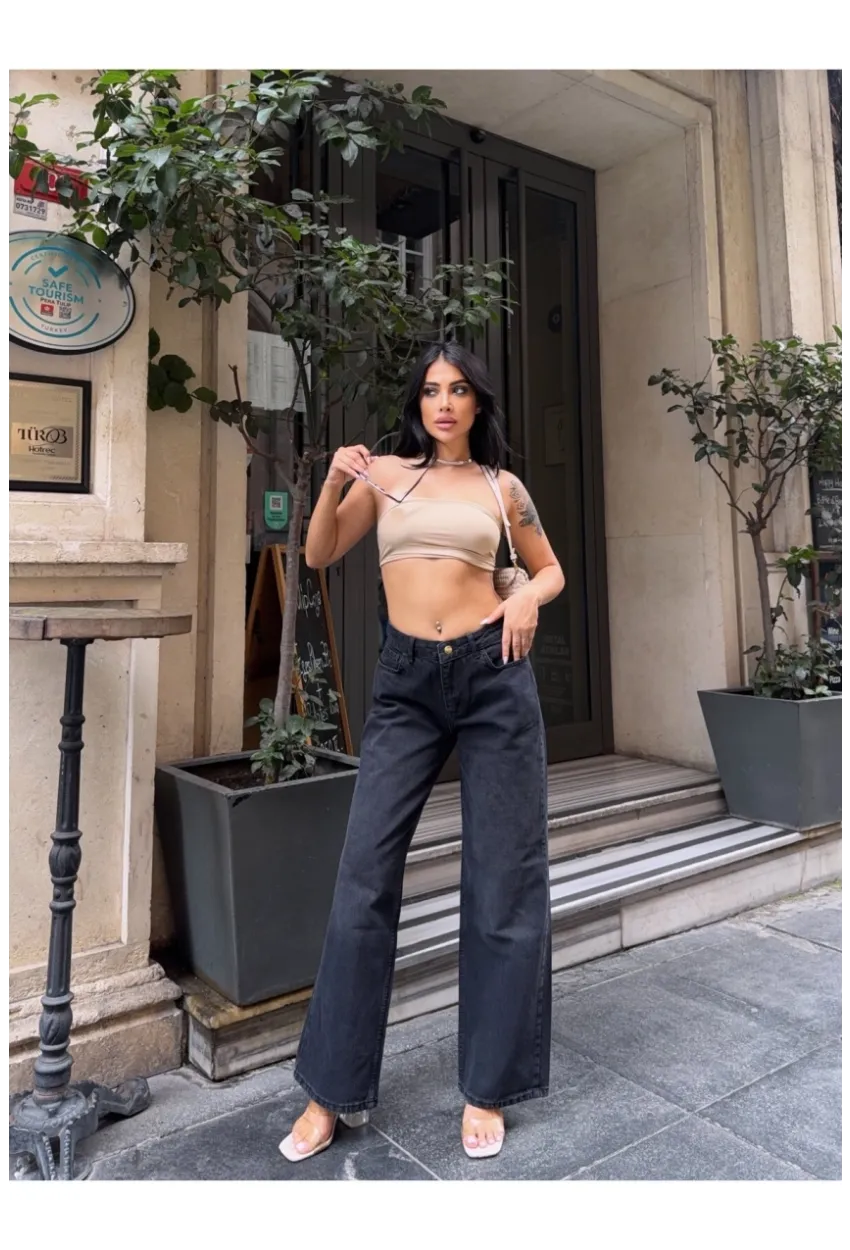 Geniş Paça Yüksek Bel Siyah Jean