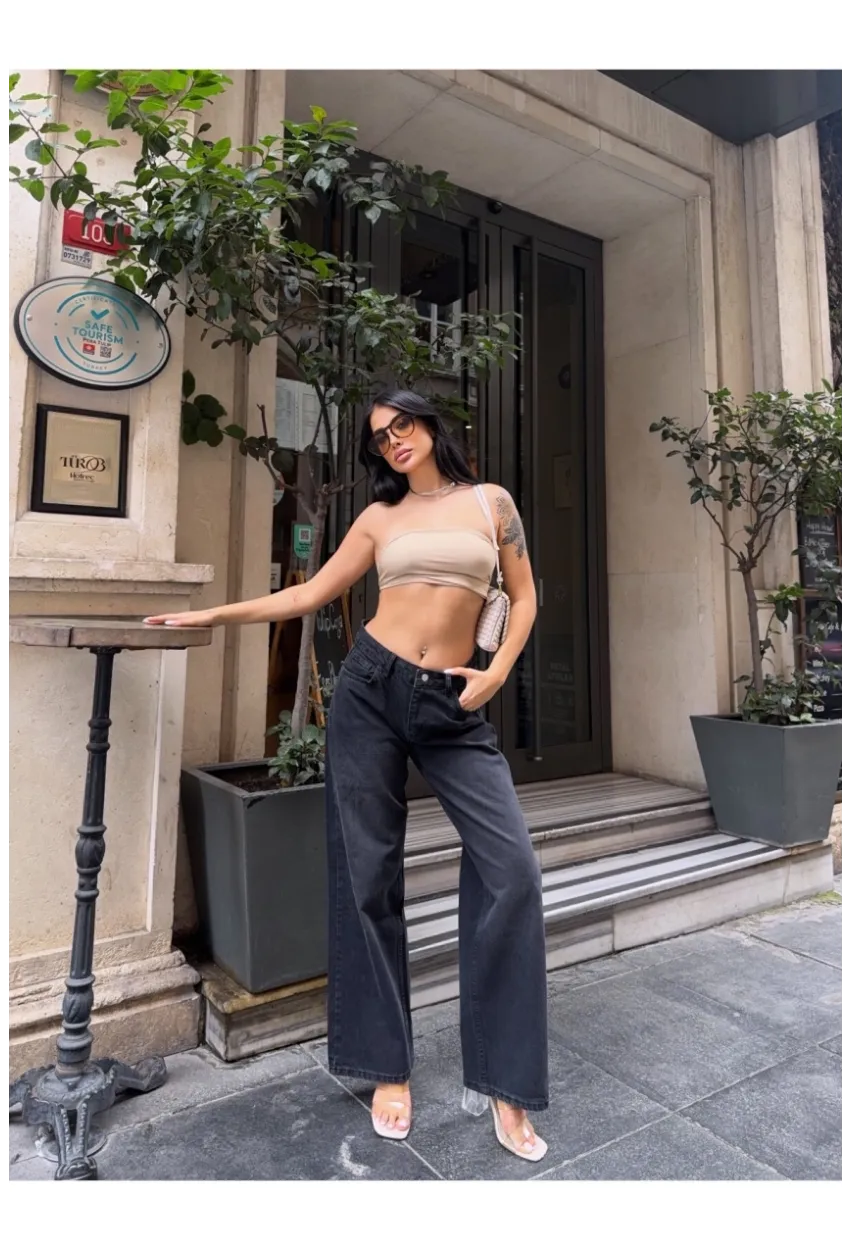 Geniş Paça Yüksek Bel Siyah Jean