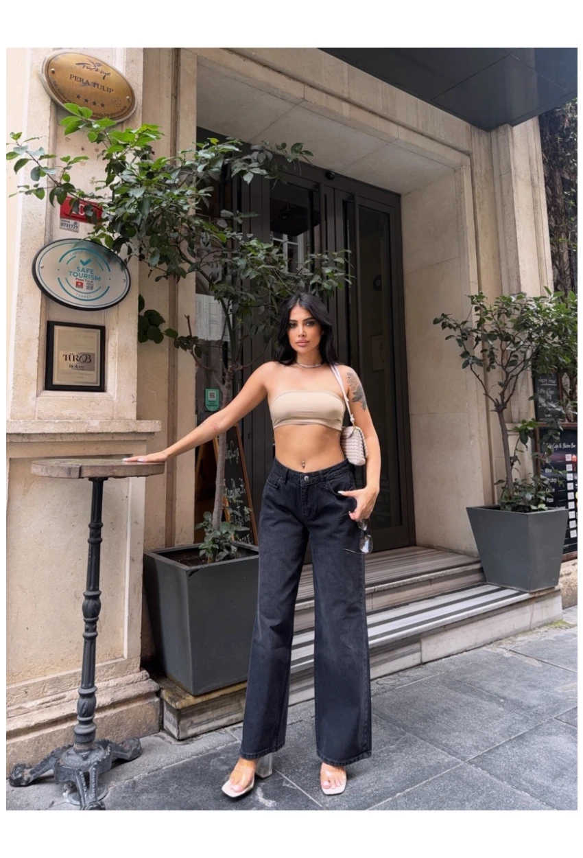 Geniş Paça Yüksek Bel Siyah Jean