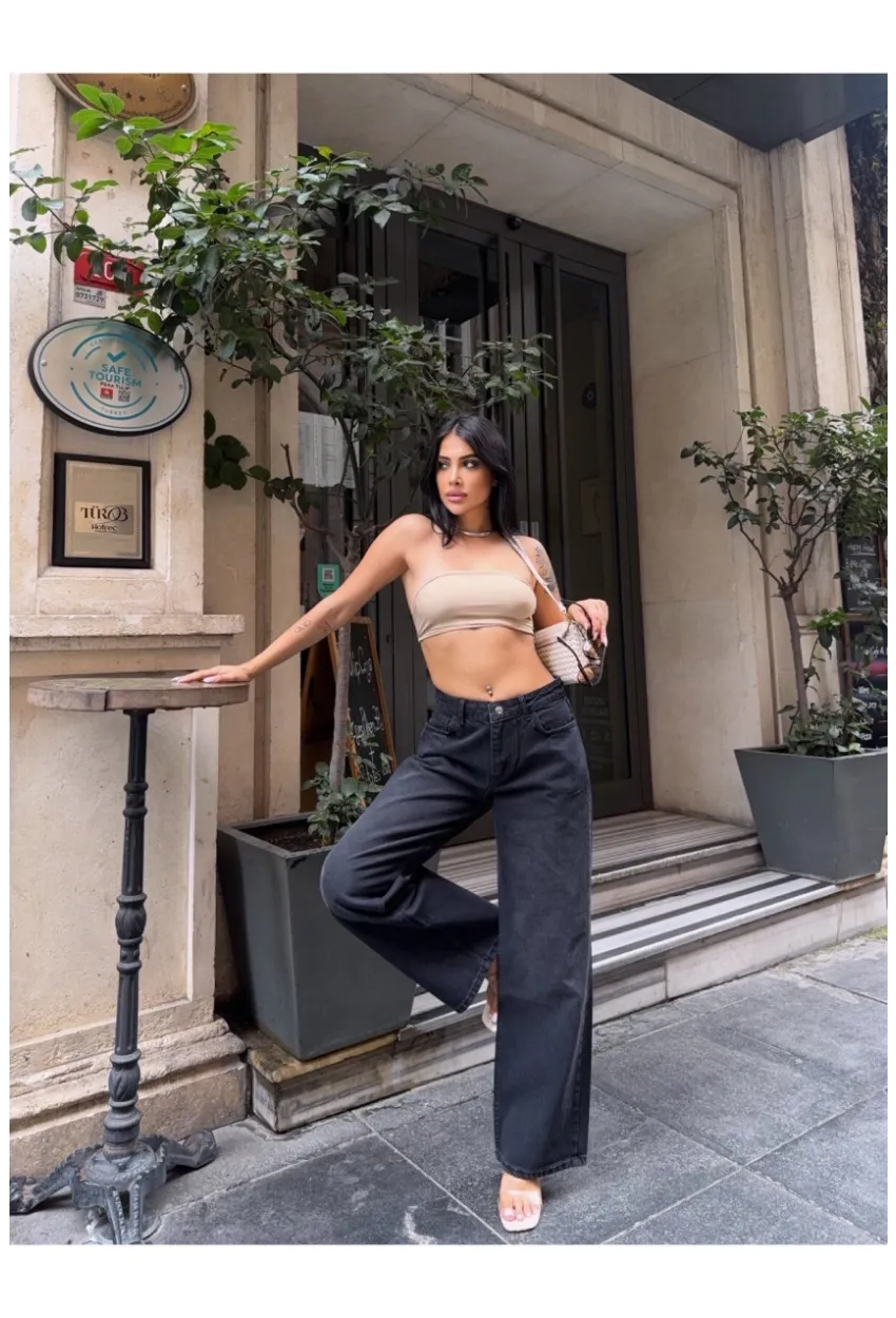 Geniş Paça Yüksek Bel Siyah Jean