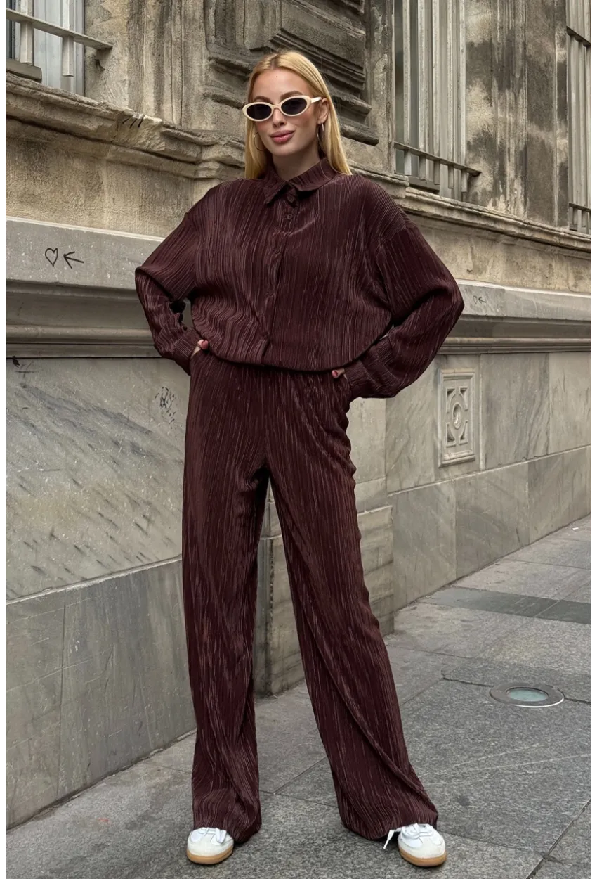 Gömlek ve Palazzo Pantolon Dokuma Alt Üst Takım Kahverengi