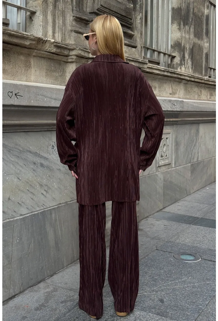 Gömlek ve Palazzo Pantolon Dokuma Alt Üst Takım Kahverengi