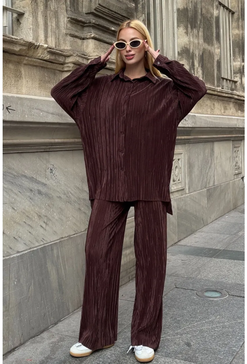 Gömlek ve Palazzo Pantolon Dokuma Alt Üst Takım Kahverengi