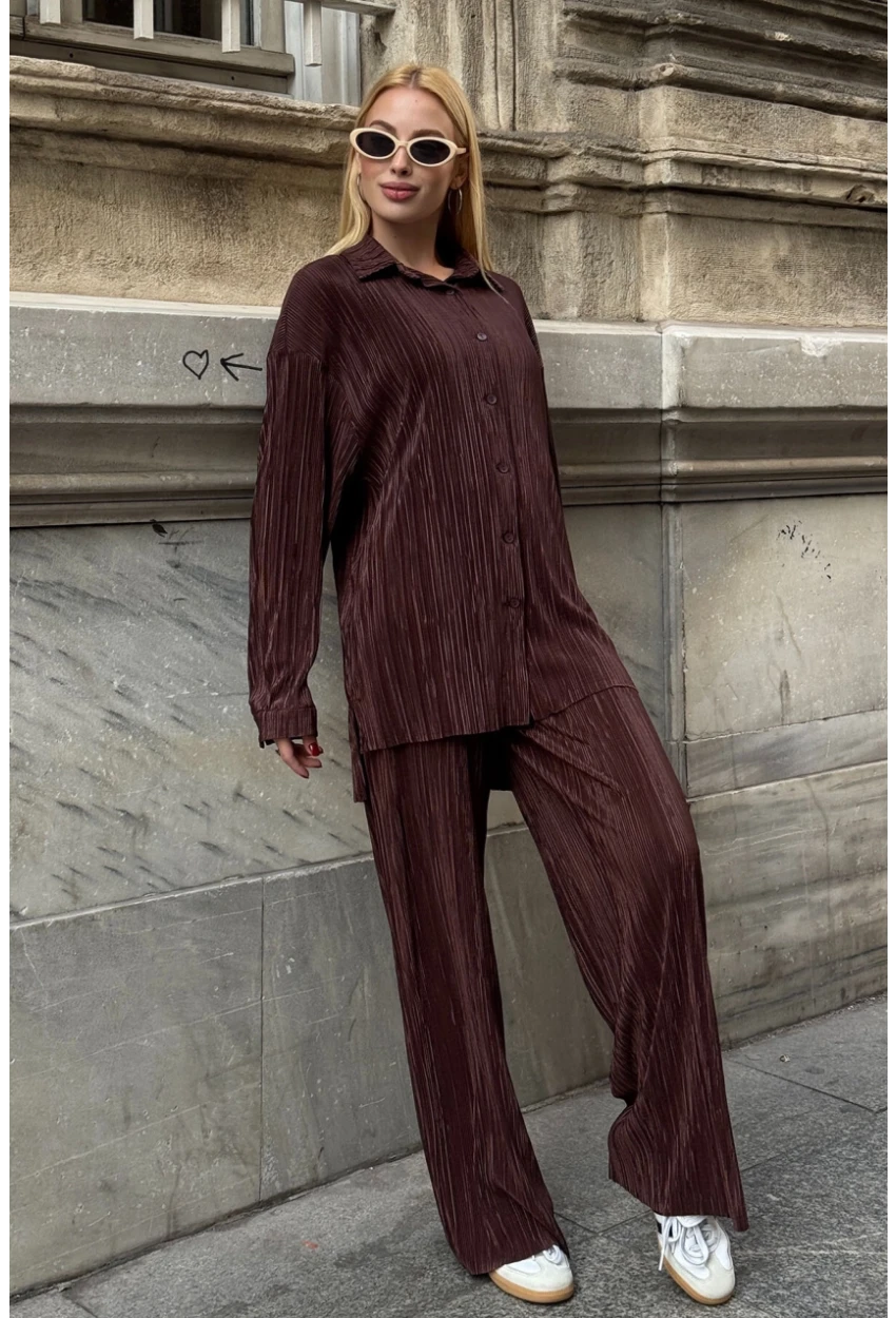 Gömlek ve Palazzo Pantolon Dokuma Alt Üst Takım Kahverengi