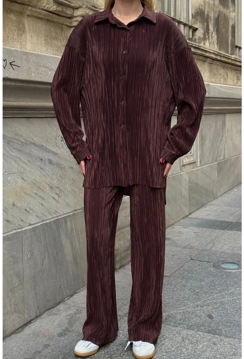 Gömlek ve Palazzo Pantolon Dokuma Alt Üst Takım Kahverengi