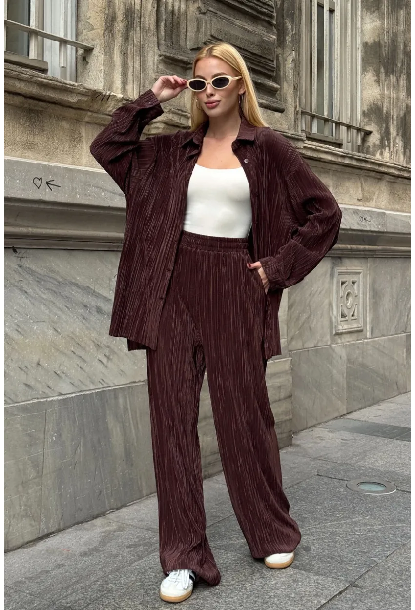 Gömlek ve Palazzo Pantolon Dokuma Alt Üst Takım Kahverengi