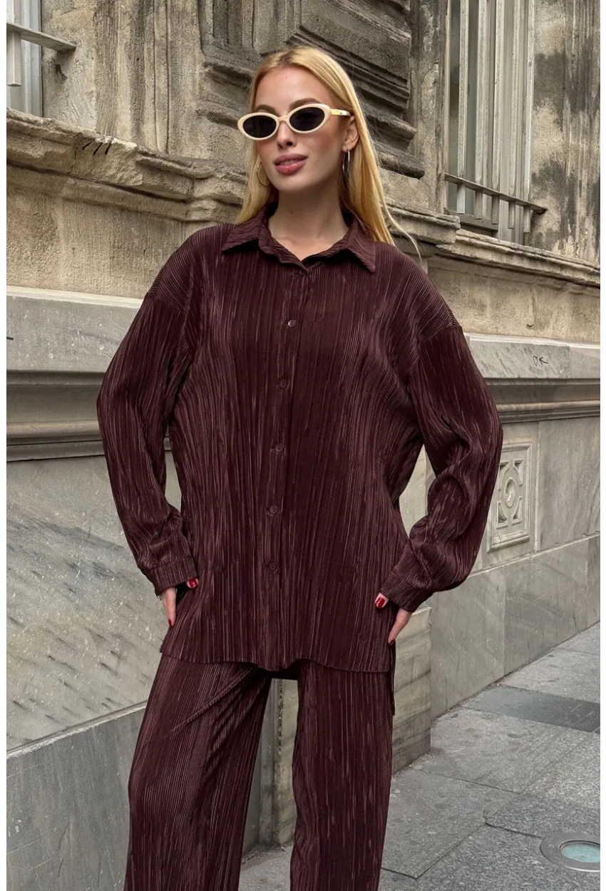 Gömlek ve Palazzo Pantolon Dokuma Alt Üst Takım Kahverengi